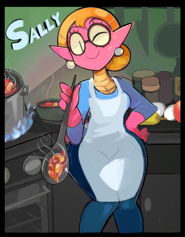 anthro apron blonde_hair breasts cleavage clothed clothing cooking ear_piercing eyewear female food glasses hair non-mammal_breasts one_eye_closed piercing smile solo soup wide_hips n0ncanon scalie_schoolie sally_(scalie_schoolie) amphibian lungless_salamander salamander scalie spring_salamander 2016 hi_res