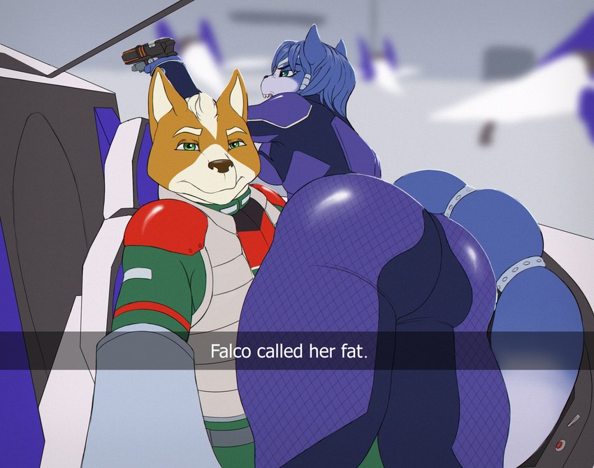 angry anthro armor big_butt butt car_interior clothed clothing cockpit duo female jewelry looking_at_viewer male thick_thighs weapon hamili he_wants_to_order nintendo snapchat star_fox starfox_assault fox_mccloud krystal_(star_fox) canid canine fox mammal hi_res meme