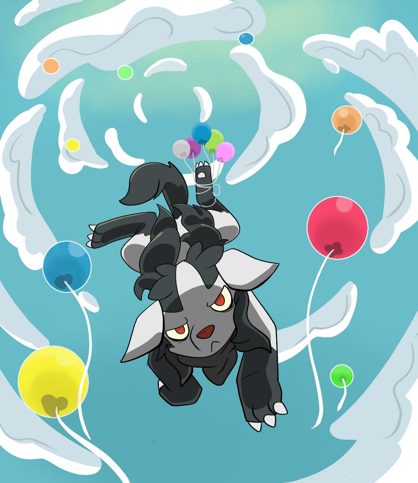 ambiguous_gender attached_to_balloon balloon claws cloud detailed_background feral fur grumpy hanging_from_balloon inflatable male multicolored_body multicolored_fur red_eyes sky skyscape tail blackravebow nintendo pokemon bowtirage generation_3_pokemon mightyena pokemon_(species) hi_res