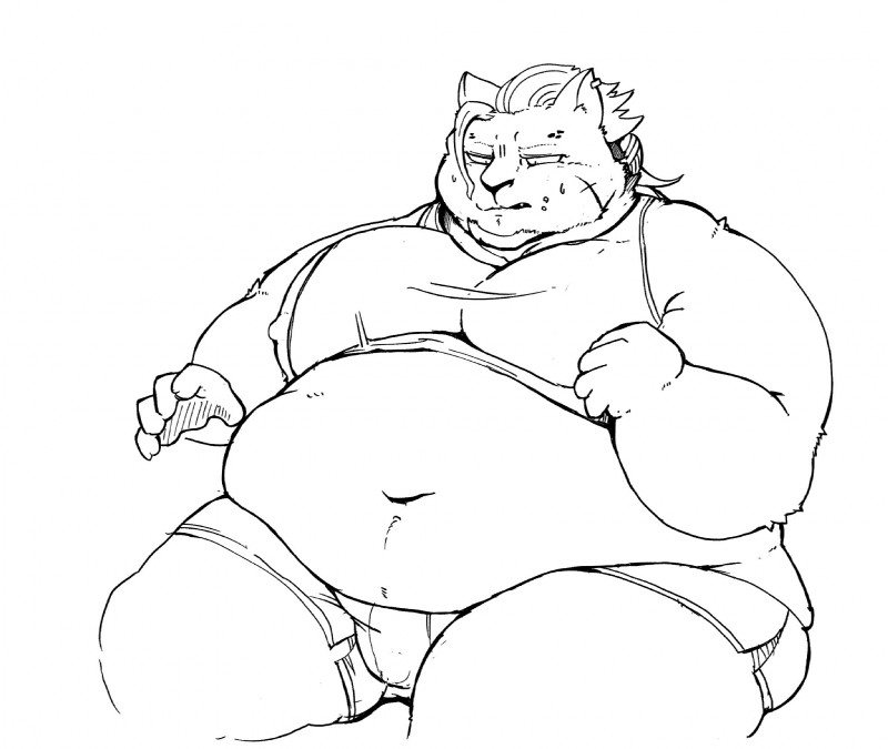 anthro belly big_belly biped bodily_fluids chubby_cheeks clothed clothing ear_piercing facial_scar fur hair male midriff moobs navel obese obese_anthro obese_male overweight overweight_anthro overweight_male piercing scar simple_background sitting solo sweat sweatdrop thick_thighs tight_clothing white_background aretna felid mammal black_and_white hi_res monochrome