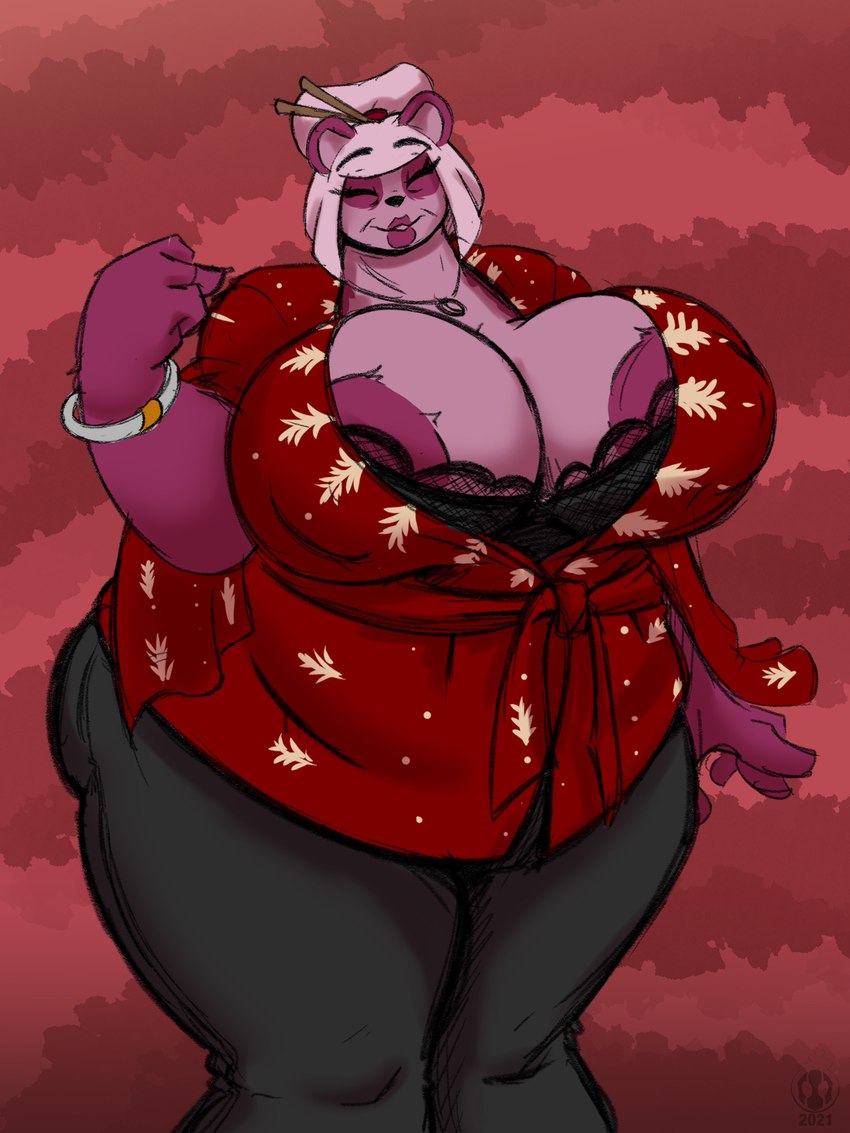 bathrobe chopsticks clothing eyes_closed female fur hair hair_bun lips mature_female nipple_outline nipples pink_body pink_fur robe brewheardt kiki_(brewheardt) bear giant_panda mammal 2021 3:4 absurd_res hi_res