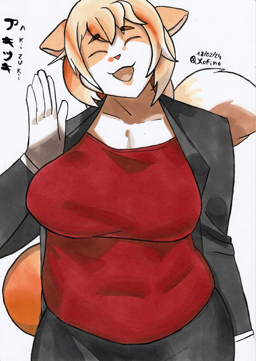 anthro big_breasts black_bottomwear black_clothing black_jacket black_skirt black_topwear bottomwear breasts clothed clothing countershade_fur countershading curvy_figure eyes_closed female french_artist fur jacket mature_anthro mature_female red_clothing red_shirt red_topwear shirt skirt slightly_chubby slightly_chubby_female smile smiling_at_viewer solo tail topwear voluptuous workout_clothing xefino akizuki_(xefino) domestic_cat felid feline felis mammal absurd_res hi_res traditional_media_(artwork)