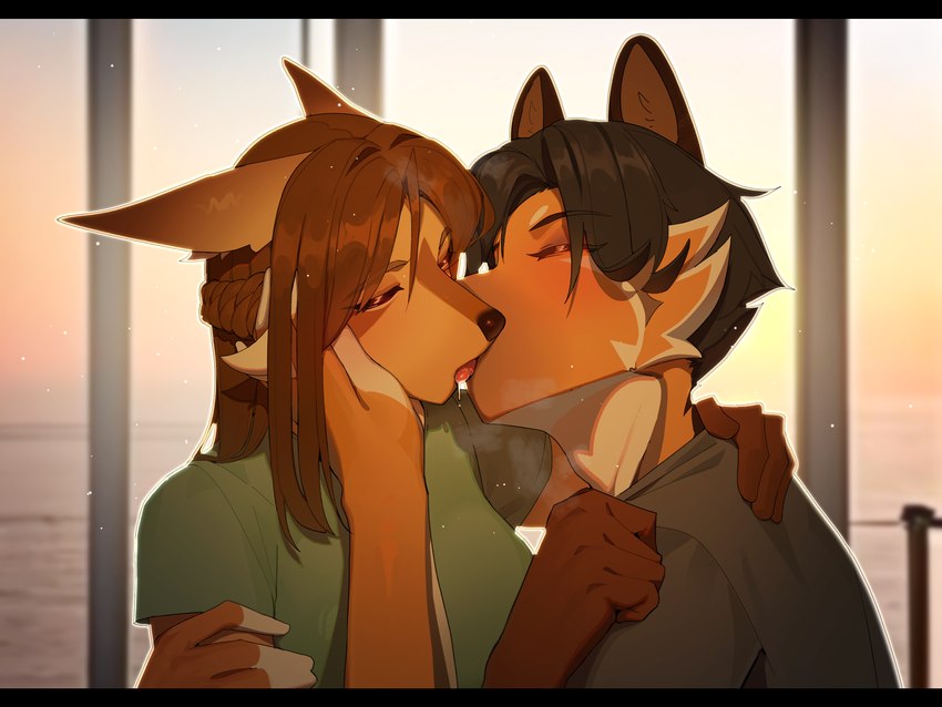 anthro biped black_bars black_hair blush bodily_fluids brown_body brown_eyes brown_fur brown_hair duo eyes_closed female french_kissing fur hair happy kemono kissing male male/female married_couple romantic romantic_couple kambo kyle_(calix7994) lenka_(janjin192) african_wild_dog canid canine canis dobermann domestic_dog herding_dog jackal mammal pastoral_dog pinscher 4:3 absurd_res hi_res letterbox