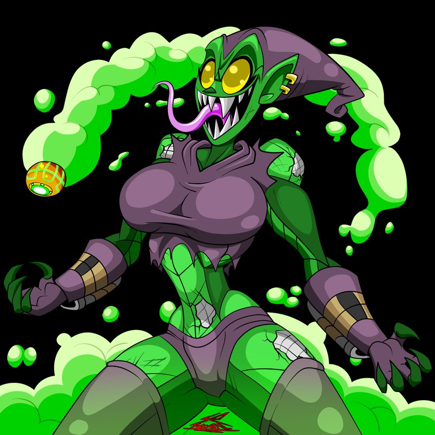 bomb breasts crossgender ear_piercing ear_ring empty_eyes explosives featureless_crotch female green_body green_smoke humanoid_pointy_ears long_tongue metallic_body not_furry open_mouth piercing pointy_ears pumpkin_bomb ring_piercing sharp_teeth smile smoke solo teeth tongue tongue_out therizkpiecraft marvel green_goblin goblin humanoid 1:1 absurd_res hi_res