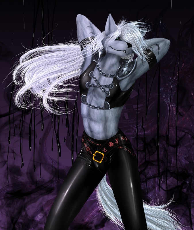 anthro belt chain femboy hair hands_behind_head latex long_hair male pose solo tentacles selker selker_ari nayar canid canine canis mammal walfhir wolf hi_res