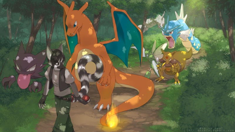 detailed_background fire flaming_tail forest group holding_object holding_pokeball male membrane_(anatomy) membranous_wings orange_body orange_skin outside plant pokeball rock standard_pokeball tail tree wings noxipie european_mythology mythology nintendo pokemon joel_the_lemur arthropod charizard dragon elemental_creature fish generation_1_pokemon ghost gyarados haunter insect kadabra lemur mammal marine mineral_fauna mythological_creature mythological_scalie onix pokemon_(species) primate ring-tailed_lemur rock_creature scalie scyther spirit strepsirrhine western_dragon 2013