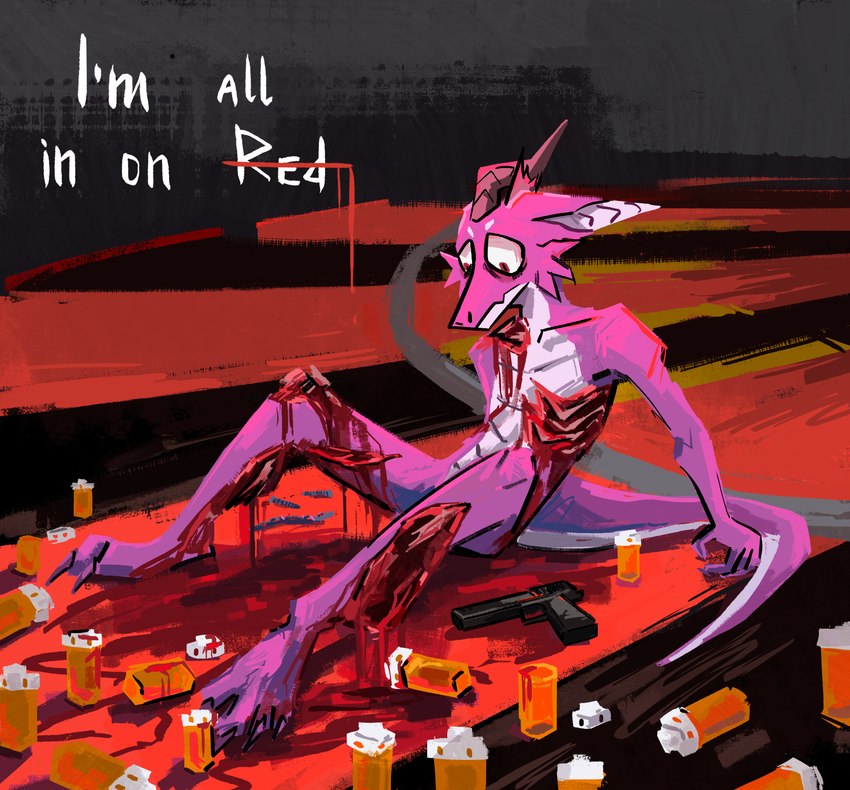 anthro blood blood_from_wound blood_on_ground blood_on_self bodily_fluids bone broken_horn detailed_background drugs ears_down excessive_blood exposed_bone exposed_muscle exposed_rib_cage exposed_ribs eye_bags eyebrows frill_(anatomy) gambling gore gun handgun horn jagged_mouth male multicolored_body mutilation open_wound pill_bottle pivoted_ears purple_body purple_scales ranged_weapon red_eyes rib_cage roulette_table scales self-harm severe_wound sitting sitting_on_ground solo text thousand_yard_stare torn_skin two_tone_body ventral_scales weapon white_eyebrows wound_on_leg wound_on_shoulder wound_on_torso wounded sleepymuzzle fuzzysmore_(character) kobold scalie absurd_res english_text hi_res shaded
