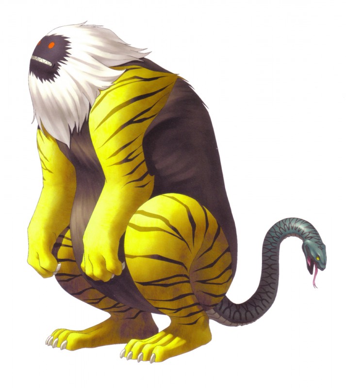 anthro living_tail male mane snake_tail solo stripes tail unusual_anatomy unusual_tail kazuma_kaneko asian_mythology atlus east_asian_mythology japanese_mythology megami_tensei mythology sega nue_(megami_tensei) deity demon reptile scalie snake hi_res