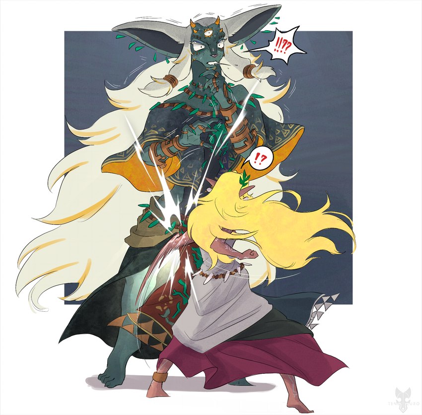 ?! anthro attack blonde_hair clothed clothing crotch_attack duo ear_piercing fur genital_torture grey_body hair horn humanoid_pointy_ears humor jewelry long_hair pain piercing pointy_ears white_hair tenebscuro nintendo tears_of_the_kingdom the_legend_of_zelda rauru_(tears_of_the_kingdom) sonia_(tloz) humanoid hylian mammal zonai absurd_res hi_res