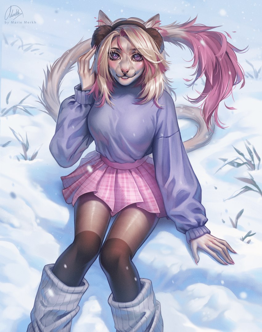 anthro blonde_hair blue_clothing blue_topwear bottomwear clothed clothing ear_warmers female front_view fur glistening glistening_eyes grass hair looking_at_viewer multicolored_hair outside pink_bottomwear pink_clothing pink_hair pink_skirt plant purple_eyes sitting skirt smile snow solo tail tail_tuft tan_body tan_fur topwear tuft two_tone_hair marie_merkh felid mammal hi_res