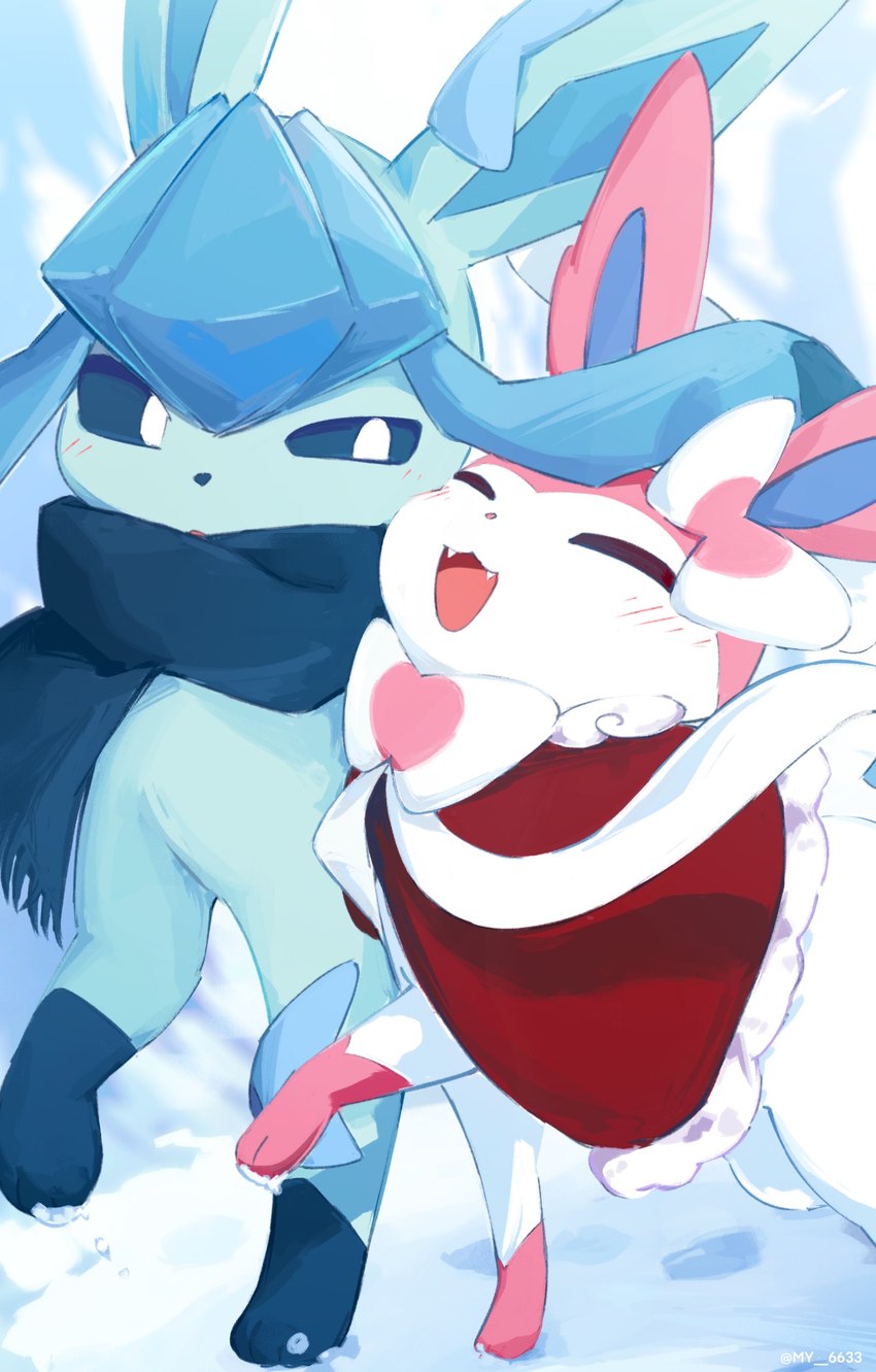 ambiguous_gender blue_body blue_eyes blush blush_lines duo eyes_closed fangs feral looking_at_another open_mouth paws ribbons_(anatomy) scarf snow teeth white_body my_6633 nintendo pokemon eeveelution generation_4_pokemon generation_6_pokemon glaceon pokemon_(species) sylveon 2025 hi_res signature