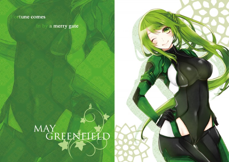 big_breasts blush bodysuit breasts clothed clothing female green_eyes green_hair hair hands_on_hips human_only long_hair looking_at_viewer not_furry one_eye_closed pilot_suit skinsuit smile solo standing text tight_clothing wink apt ut_(apt) armored_core_(series) fromsoftware may_greenfield_(armored_core) human mammal character_name english_text grandfathered_content restricted_palette