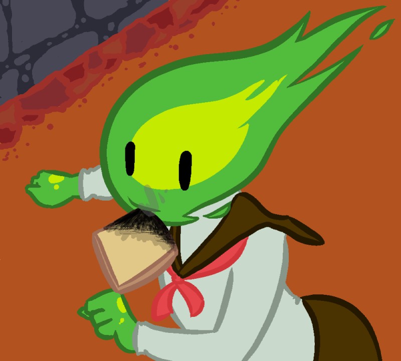 asian_clothing bread clothing colored_fire east_asian_clothing eat_and_run female fire food food_in_mouth green_fire japanese_clothing japanese_school_uniform not_furry running school_uniform serafuku simple_background smoke solo toast toast_in_mouth uniform eversorthewry undertale undertale_(series) fuku_fire elemental_creature fire_creature humanoid