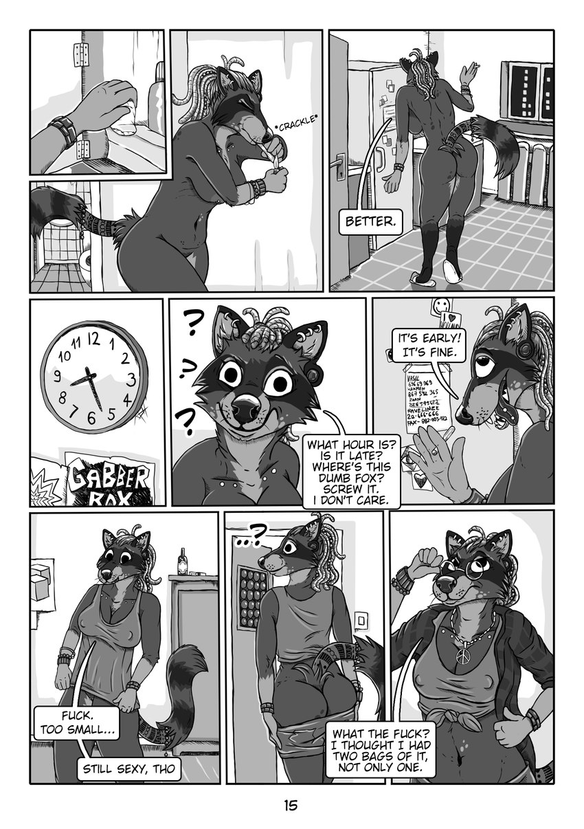 anthro breasts butt dialogue dreadlocks drugged drugs eyewear female glasses piercing profanity solo substance_intoxication text wasylthefox angelica_de_windt mammal procyonid raccoon absurd_res comic digital_drawing_(artwork) digital_media_(artwork) english_text greyscale hi_res monochrome