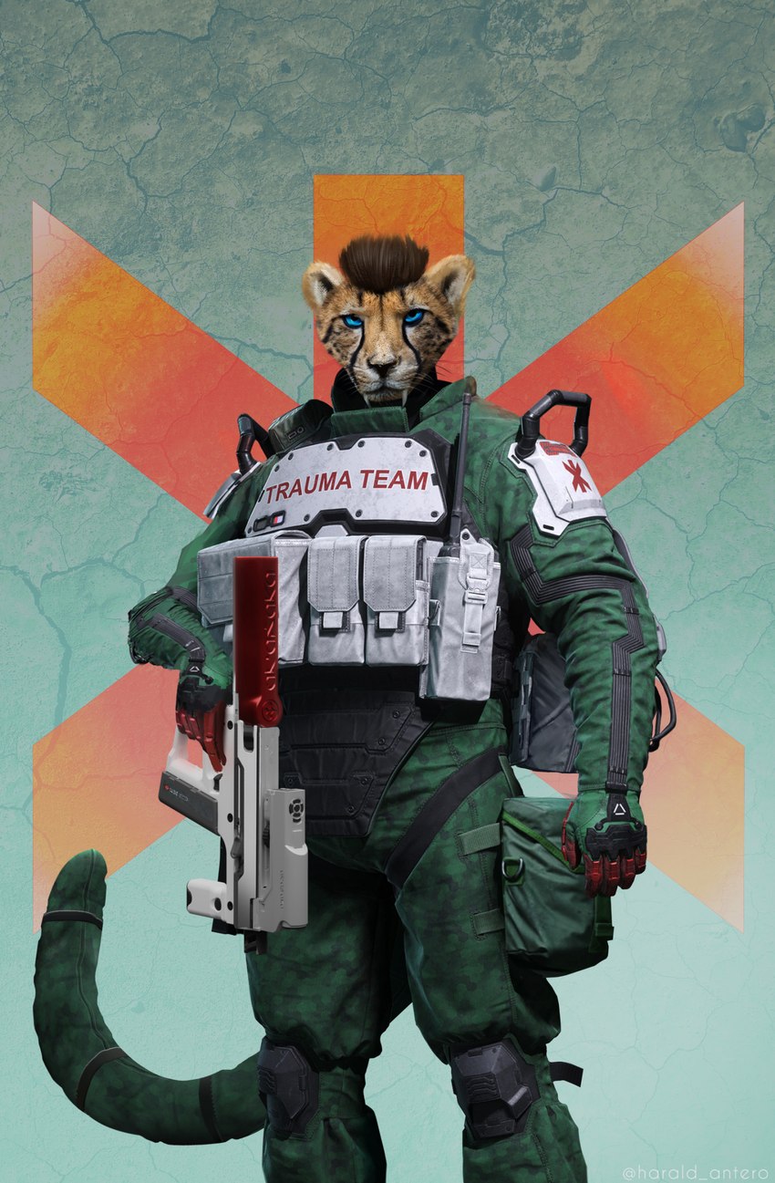 anthro archer clothing cyberpunk future male military military_uniform science_fiction solo trauma_team uniform weapon haral cyberpunk_2077 cheetah felid feline mammal hi_res