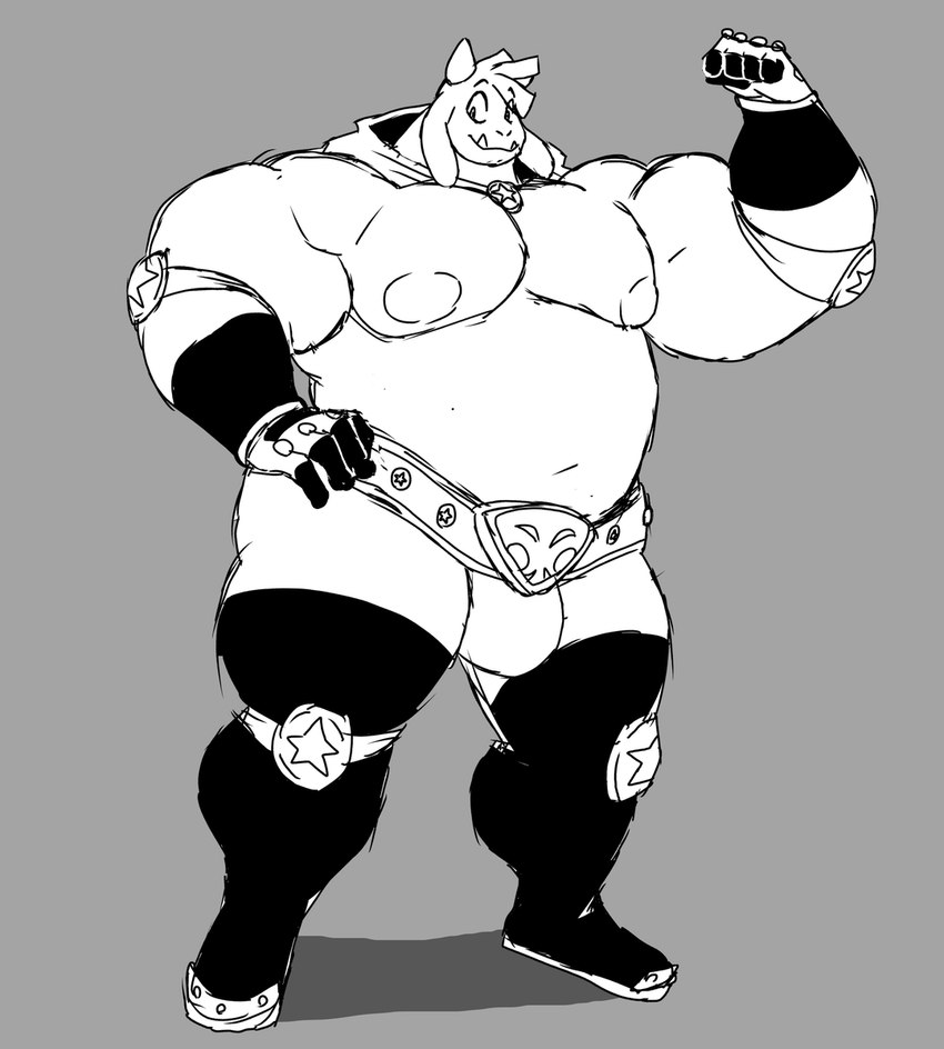 anthro belly biceps bulge championship_belt flexing hooves horn horseshoe male musclegut muscular muscular_arms nipples pecs slightly_chubby solo wrestling_briefs parttimeyeen_(artist) kings_of_hell enfer_belial bovid caprine goat mammal hi_res monochrome