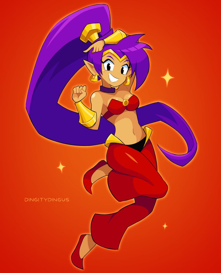 breasts clothing ear_piercing ear_ring female footwear hair humanoid_pointy_ears long_hair looking_at_viewer not_furry piercing pointy_ears ponytail purple_hair ring_piercing simple_background smile solo tan_body tan_skin dingitydingus shantae_(series) wayforward shantae genie humanoid absurd_res hi_res signature