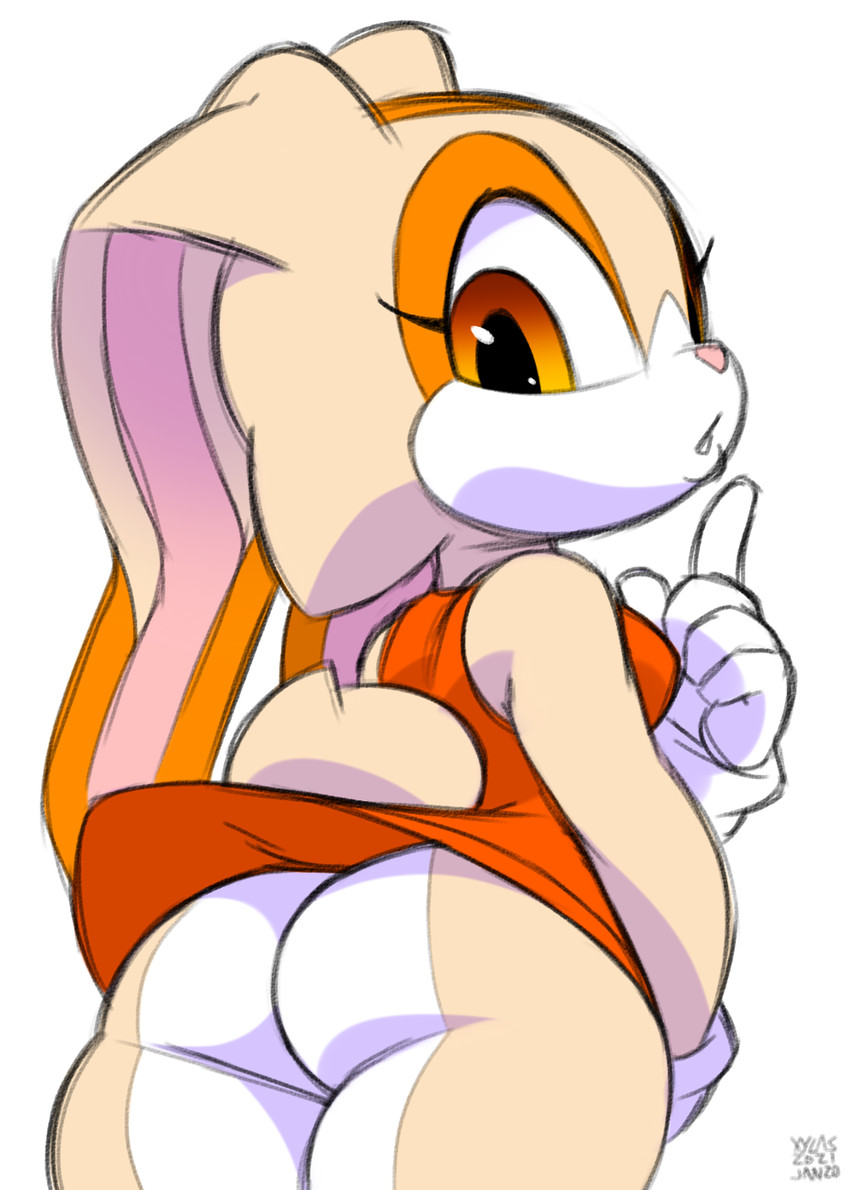 anthro bottomless bottomless_female breasts brown_eyes bubble_butt butt butt_focus clothed clothing dress female fur gloves handwear looking_at_viewer looking_back low-angle_view no_underwear pink_nose solo tan_body thick_thighs xylas sega sonic_the_hedgehog_(series) cream_the_rabbit lagomorph leporid mammal rabbit 2021 hi_res