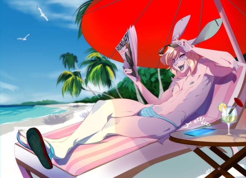 alcohol beach beverage bikini bottomwear bulge clothed clothing dangling_flip_flop eyewear femboy footwear glasses looking_at_viewer male nipples outside panties sand sea seaside solo sunbathing sunglasses swimwear topless two-piece_swimsuit umbrella under_shade underwear water peritian lagomorph leporid mammal rabbit digital_media_(artwork) hi_res