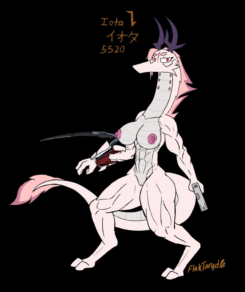 2_toes 3_fingers abs albino anthro antlers areola arm_blade big_breasts blade breasts cheek_tuft cybernetic_arm cybernetic_limb cybernetics cyberpunk cyberware digitigrade facial_tuft feet female female_anthro fingers fur genitals gun hair handgun horn katakana long_body long_neck long_tail machine mantis_blades markings melee_weapon mouthless muscular muscular_female muscular_thighs nipples non-mammal_breasts non-mammal_nipples obliques pink_hair pistol prosthetic prosthetic_limb pussy ranged_weapon red_eyes solo synthetic_muscles tail text toes tuft weapon wide_hips wrist_blade flaktaryd asian_mythology east_asian_mythology mythology iota_(flute_dragon) cyborg dragon eastern_dragon flute_dragon furred_dragon furred_scalie mythological_creature mythological_scalie scalie absurd_res aliasing alpha_channel digital_media_(artwork) hi_res japanese_text translation_check translation_request