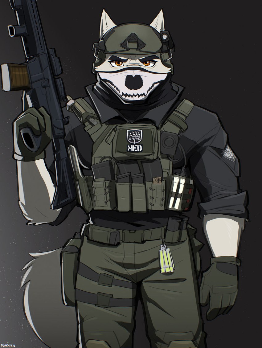 anthro armor assault_rifle balaclava bulletproof_vest clothing gun headgear helmet male mask police ranged_weapon rifle solo special_forces tactical_gear uniform weapon zpd psakorn_tnoi disney swat zootopia fan_character logan_fangmeyer canid canine canis mammal wolf 2024 hi_res