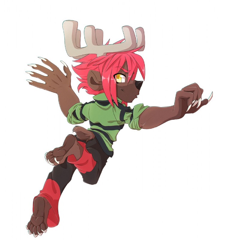 5_fingers 5_toes anthro antlers barefoot biped black_nose brown_body brown_fur clothed clothing feet fingers fur hair horn pink_hair solo toes yellow_eyes rikitoka deer mammal hi_res