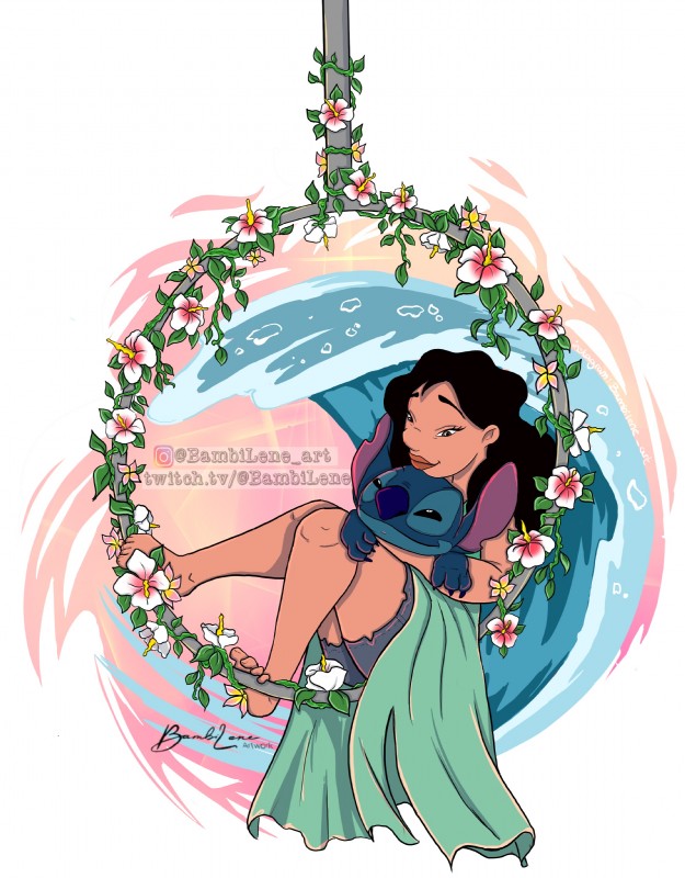 5_toes ambiguous_gender black_eyes black_hair blue_body blue_claws blue_nose brown_eyes claws clothed clothing cuddling duo feet female female_human flower hair hibiscus hoop long_hair narrowed_eyes notched_ear plant smile squint text toes tropical vines water wave bambilene disney instagram lilo_and_stitch nani_pelekai stitch_(lilo_and_stitch) alien experiment_(lilo_and_stitch) human mammal 2019 absurd_res hi_res signature url watermark