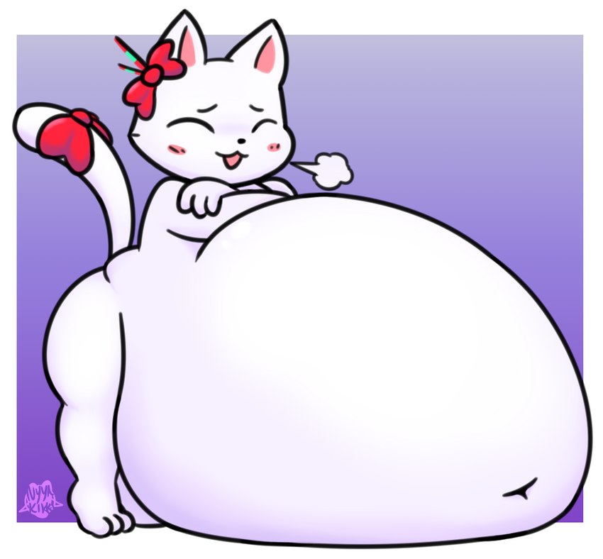 :3 accessory anthro belly big_belly blush blush_lines bow_ribbon burping crossed_arms deep_navel eyes_closed female fur furgonomics hair_accessory hair_sticks huge_belly hyper hyper_belly inflation navel nude overweight overweight_female resting_on_belly ribbons solo tail tail_accessory tail_bow tail_ribbon tiptoes white_body white_fur foamytail domestic_cat felid feline felis mammal