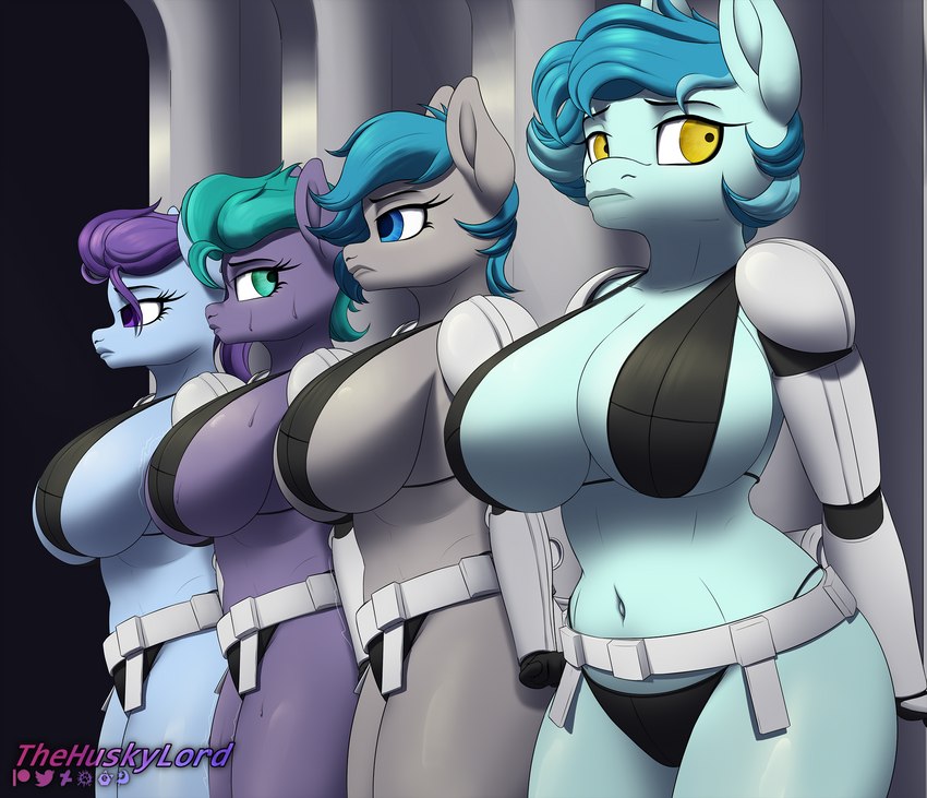 anthro armor belt big_breasts bikini blue_body bodily_fluids breasts cleavage clothed clothing female grey_body group guard hair lineup nervous pouting shaking simple_background sweat swimwear two-piece_swimsuit unconvincing_armor thehuskylord hasbro my_little_pony star_wars guardian_angel_(mlp) stormtrooper zoom_zephyrwing_(mlp) earth_pony equid equine horse mammal pony hi_res