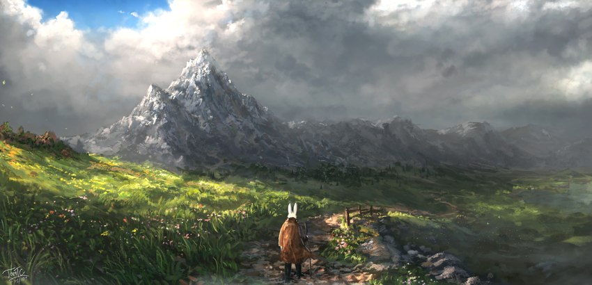 ambiguous_gender anthro biped clothed clothing cloud detailed_background grass mountain outside plant scenery sky solo tomtc dr_rabbit_(tomtc) lagomorph leporid mammal rabbit 2019 absurd_res dated hi_res