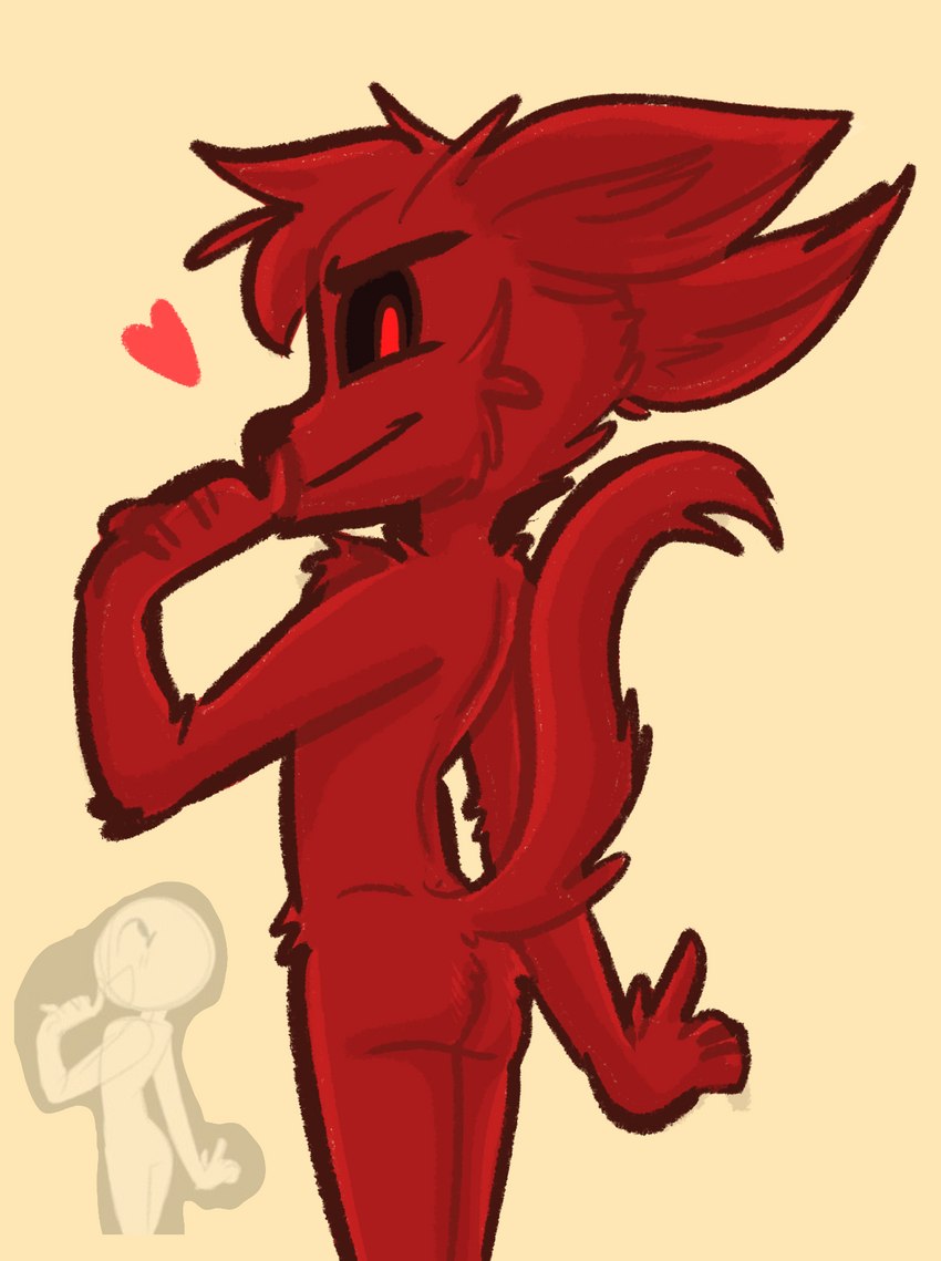 anthro black_sclera butt butt_focus heart_symbol looking_at_viewer male nude presenting presenting_hindquarters simple_background smile smirk solo solarlewds zoophobia damian_(zoophobia) canid canine canis demon domestic_dog mammal hi_res reference_image