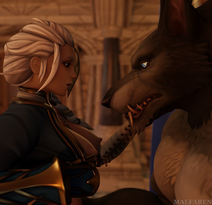 anthro breasts duo female male male/female size_difference malfaren_(artist) blizzard_entertainment warcraft jaina_proudmoore canid canine canis human mammal werecanid werecreature wolf worgen 3d_(artwork) blender_(artwork) digital_media_(artwork) hi_res