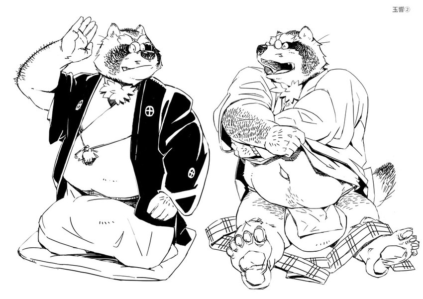 anthro asian_clothing balls big_balls clothing east_asian_clothing eyes_closed eyewear fundoshi genitals glasses humanoid_hands japanese_clothing kemono male overweight overweight_male robe simple_background sitting solo underwear white_background motogen canid canine mammal raccoon_dog tanuki 2011 monochrome