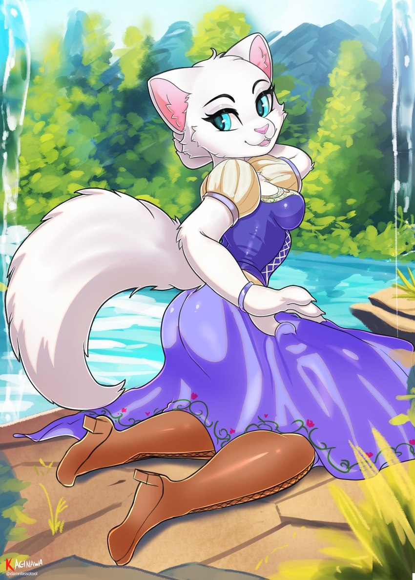 anthro blue_eyes boots clothed clothing clothing_lift dress dress_lift female footwear forest forest_background fur high_heeled_boots high_heels lake nature nature_background plant shoes short_sleeves solo tree water white_body white_fur damn_lasso_tool dreamworks puss_in_boots_(franchise) dulcinea_(puss_in_boots) felid feline mammal 2024 hi_res