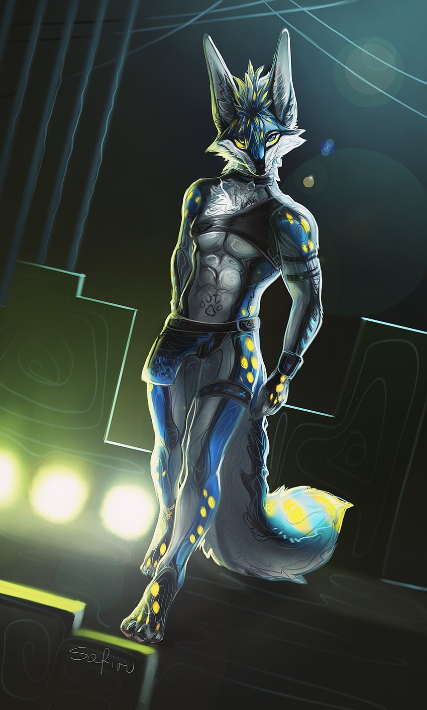 4_toes 5_fingers abs anthro blue_body blue_fur clothed clothing feet fingers fur looking_at_viewer male solo toes white_body white_fur safiru canid canine mammal 2022 digital_media_(artwork) hi_res