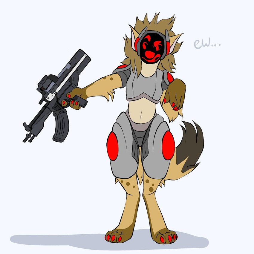 anthro brown_body cursed_gun fur gun machine male ranged_weapon red_eyes screen screen_face solo spots weapon queen.anasazi johmn hyena mammal protogen spotted_hyena 1:1 digital_media_(artwork)