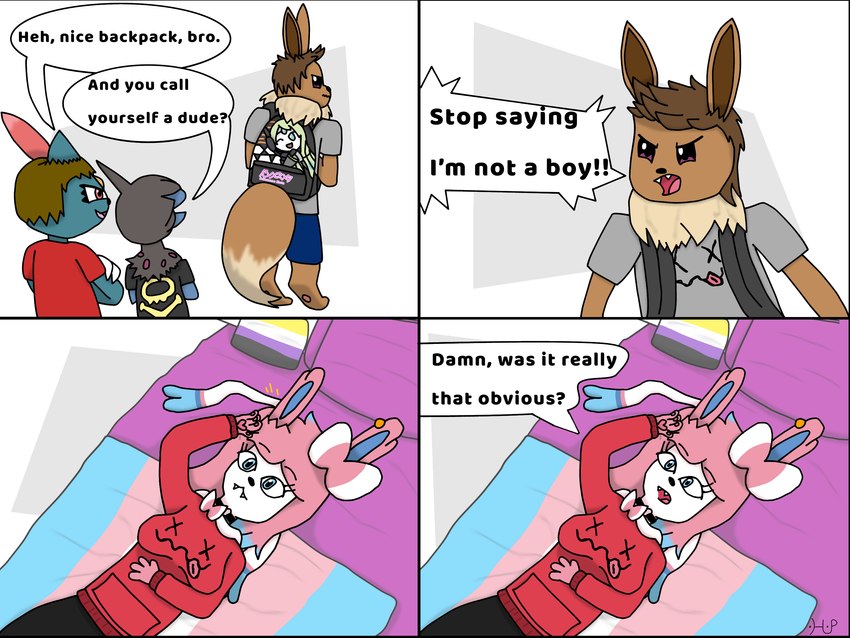 ambiguous_gender anthro backpack bed clothing dialogue furniture hoodie lgbt_pride pride_colors print_clothing print_shirt print_t-shirt print_topwear shirt simple_background solo speech_bubble t-shirt tail text topwear white_background hupla21 nintendo pokemon pixie_(hupla21) deino eevee eeveelution generation_1_pokemon generation_2_pokemon generation_5_pokemon generation_6_pokemon legendary_pokemon meloetta pokemon_(species) sneasel sylveon hi_res nonbinary_(lore) trans_(lore) trans_woman_(lore)