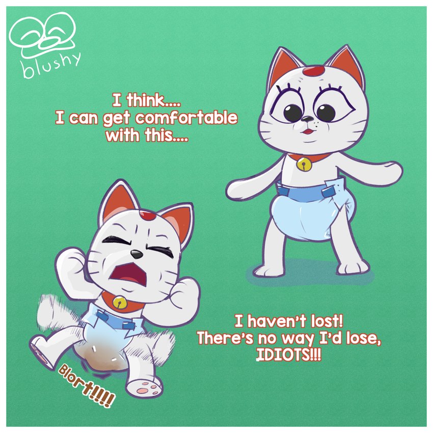 anthro bell bell_collar border clean_diaper clothed clothing collar diaper diaper_fetish feces female fur pooping soiled_diaper soiling soiling_diaper solo text unclean_diaper used_diaper wearing_diaper white_body white_border white_fur blushypanda dandadan maneki-neko turbo_granny_(dandadan) domestic_cat felid feline felis mammal 1:1 digital_media_(artwork) english_text hi_res