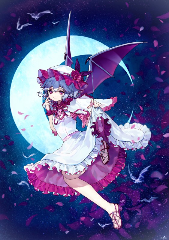 alternative_fashion blue_hair bonnet bottomwear clothed clothing clothing_lift colored_nails crescent_moon dress feet female flying footwear hair hat headgear headwear high_heels j-fashion lolita_(fashion) membrane_(anatomy) membranous_wings mob_cap moon nails not_furry red_eyes sailor_lolita shiro_lolita shoes short_hair skirt skirt_lift smile solo star wings ainy77 touhou remilia_scarlet bat humanoid mammal vampire hi_res