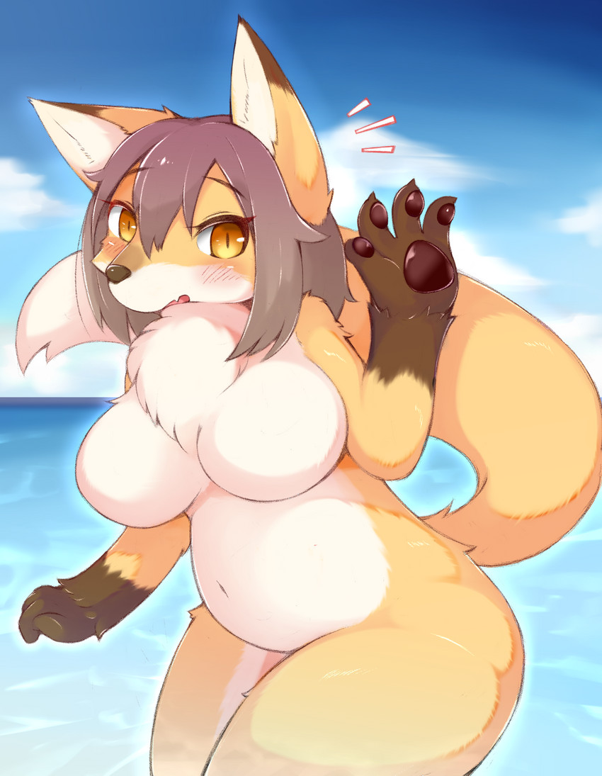 4_fingers anthro big_breasts blush breasts brown_body brown_fur brown_hair brown_nose casual_nudity chest_tuft claws cloud cute_fangs day dipstick_ears dipstick_tail ear_markings emanata fangs featureless_breasts female female_anthro fingers fluffy fur gesture gloves_(marking) hair kemono looking_at_viewer markings multicolored_body multicolored_ears multicolored_fur multicolored_tail navel nude open_mouth outside pawpads pupils sea short_hair sky slit_pupils snout snout_overhang solo tail tail_markings teeth tuft water waving white_body white_fur yellow_body yellow_eyes yellow_fur shitsu_kushi-mono canid canine fox mammal 2021 digital_media_(artwork) hi_res portrait three-quarter_portrait