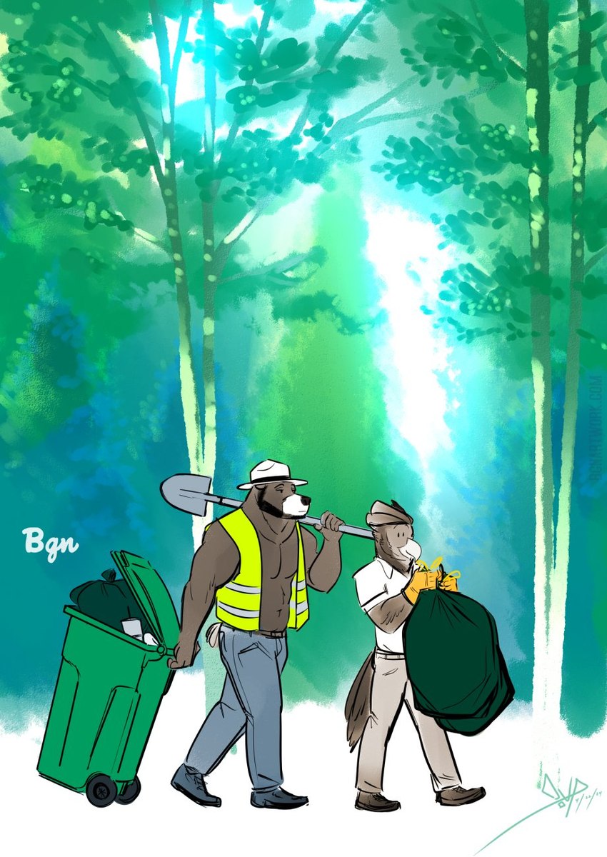 abs anthro beard biceps clothed clothing duo facial_hair forest hat headgear headwear high-vis male manly muscular open_clothing open_topwear open_vest outside pecs plant safety_vest shovel shovel_over_shoulder tools topwear trash_bag trash_can tree vest bgn earth_day united_states_forest_service smokey_bear avian bear bird mammal 2024 hi_res