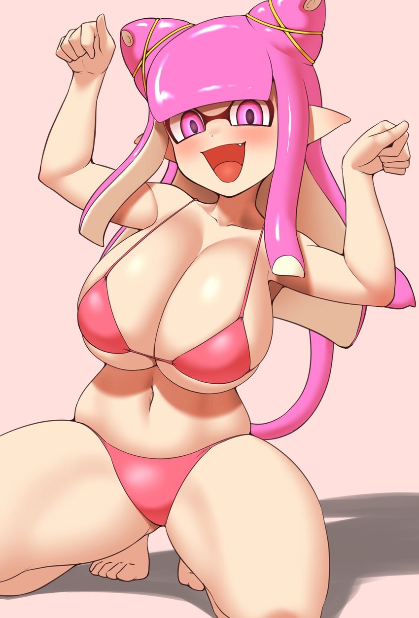 barefoot big_breasts bikini breasts clothing crouching feet female hair happy looking_at_viewer pink_hair pointy_ears pseudo_hair simple_background smile smiling_at_viewer solo swimwear tail tentacle_hair tentacles toes two-piece_swimsuit nobunagapero nintendo splatoon inkling_girl animal_humanoid cephalopod cephalopod_humanoid humanoid inkling marine marine_humanoid mollusk mollusk_humanoid squid_humanoid hi_res