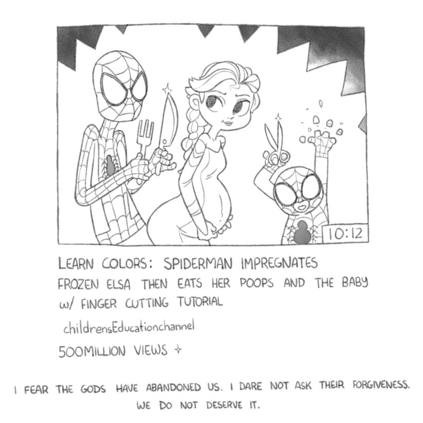 belly big_belly braided_hair chibi clothed clothing dialogue dress female gore group hair holding_belly holding_fork holding_knife holding_object holding_scissors knife lipstick long_hair makeup male painless_gore pregnant pregnant_female pregnant_human raised_arms scissors severed_body_part severed_digit severed_finger skinsuit smile text tight_clothing trio ljrmr disney elsagate frozen_(disney) marvel spider-man_(series) youtube elsa_(frozen) spider-man_(character) human mammal 1:1 2017 comic digital_drawing_(artwork) digital_media_(artwork) english_text greyscale handwritten_text hi_res monochrome paint_tool_sai_(artwork)