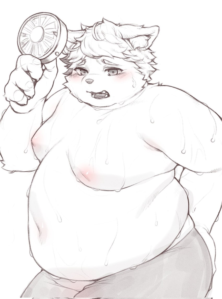 4_fingers anthro belly big_belly biped blush bodily_fluids boxer_briefs boxer_briefs_only cheek_tuft claws clothed clothing electric_fan facial_tuft fangs fat_arms fingers fur hair hand_on_butt hand_on_own_butt heat_(temperature) holding_fan holding_object inverted_nipples kemono love_handles male moobs navel nipples obese obese_anthro obese_male open_mouth overweight overweight_anthro overweight_male simple_background solo standing sweat sweaty_arms sweaty_belly sweaty_moobs teeth topless tuft underwear underwear_only white_background tober_4 canid canine mammal 2024 hi_res monochrome portrait sketch three-quarter_portrait