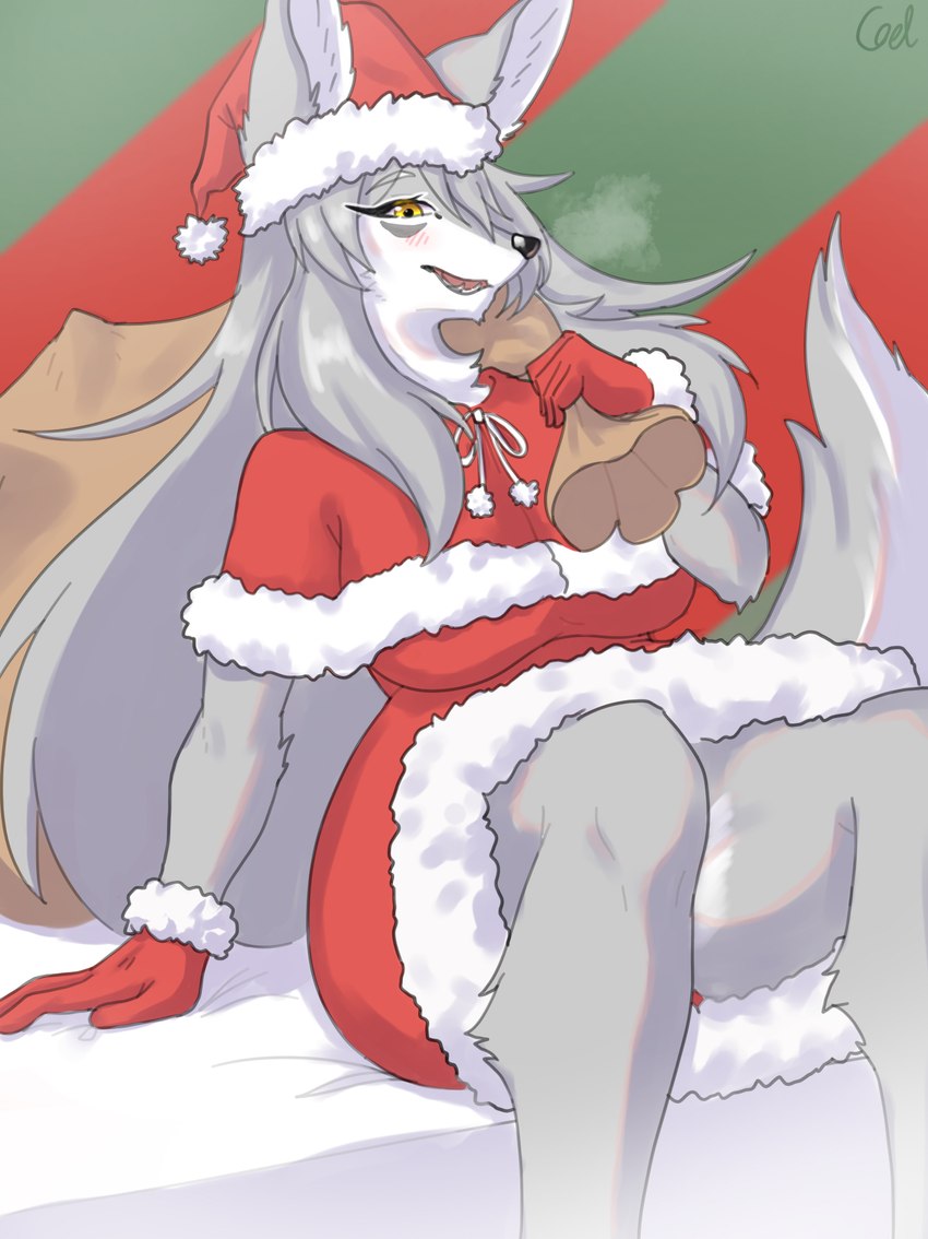 5_fingers anthro big_breasts blush breasts christmas_clothing christmas_headwear clothed clothed_anthro clothed_female clothing female fingers front_view fur gloves grey_body grey_fur grey_hair grey_tail hair handwear hat headgear headwear holding_object holidays inner_ear_fluff long_hair open_mouth santa_hat sitting solo tail teeth tongue tuft yellow_eyes coel_(artist) christmas canid canine canis mammal wolf 2024 digital_media_(artwork) hi_res