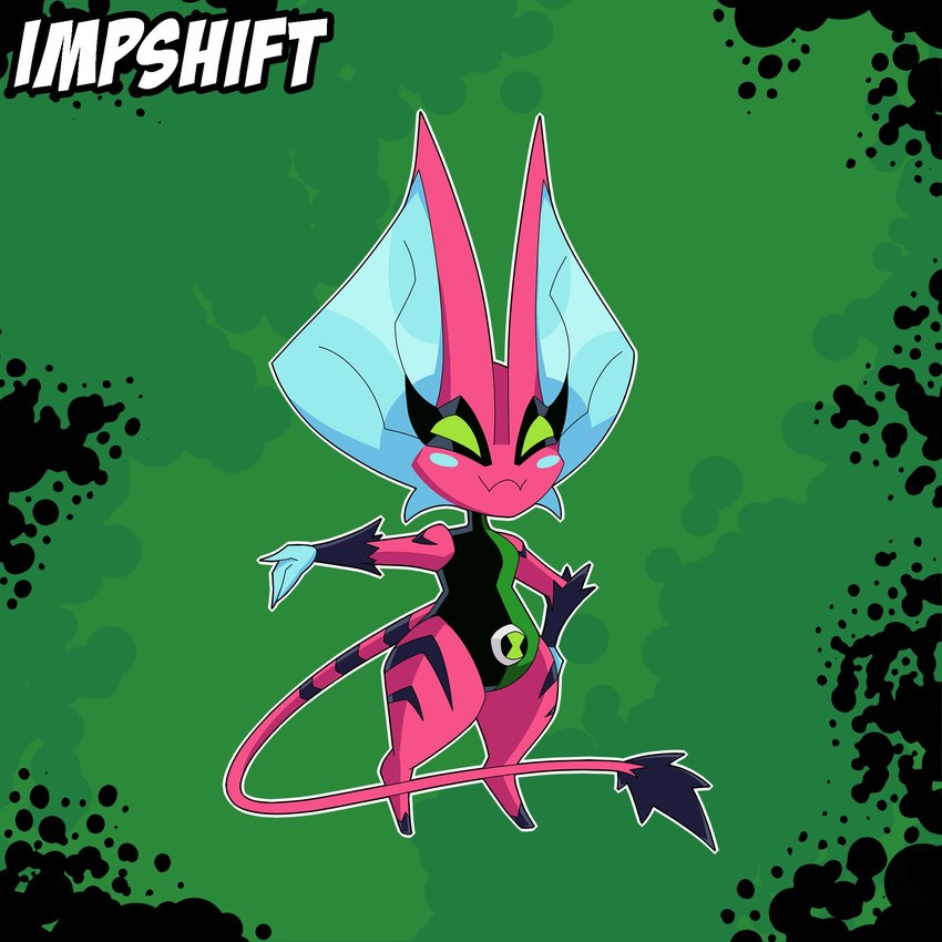 anthro black_background black_clothing blush clothing eyelashes fangs female gloves green_background green_clothing green_eyes handwear hooves omnitrix red_body simple_background smile solo stripes tail teeth thick_thighs happykaos ben_10 cartoon_network fan_character impshift alien daemotusian fan_species humanoid imp 1:1 hi_res