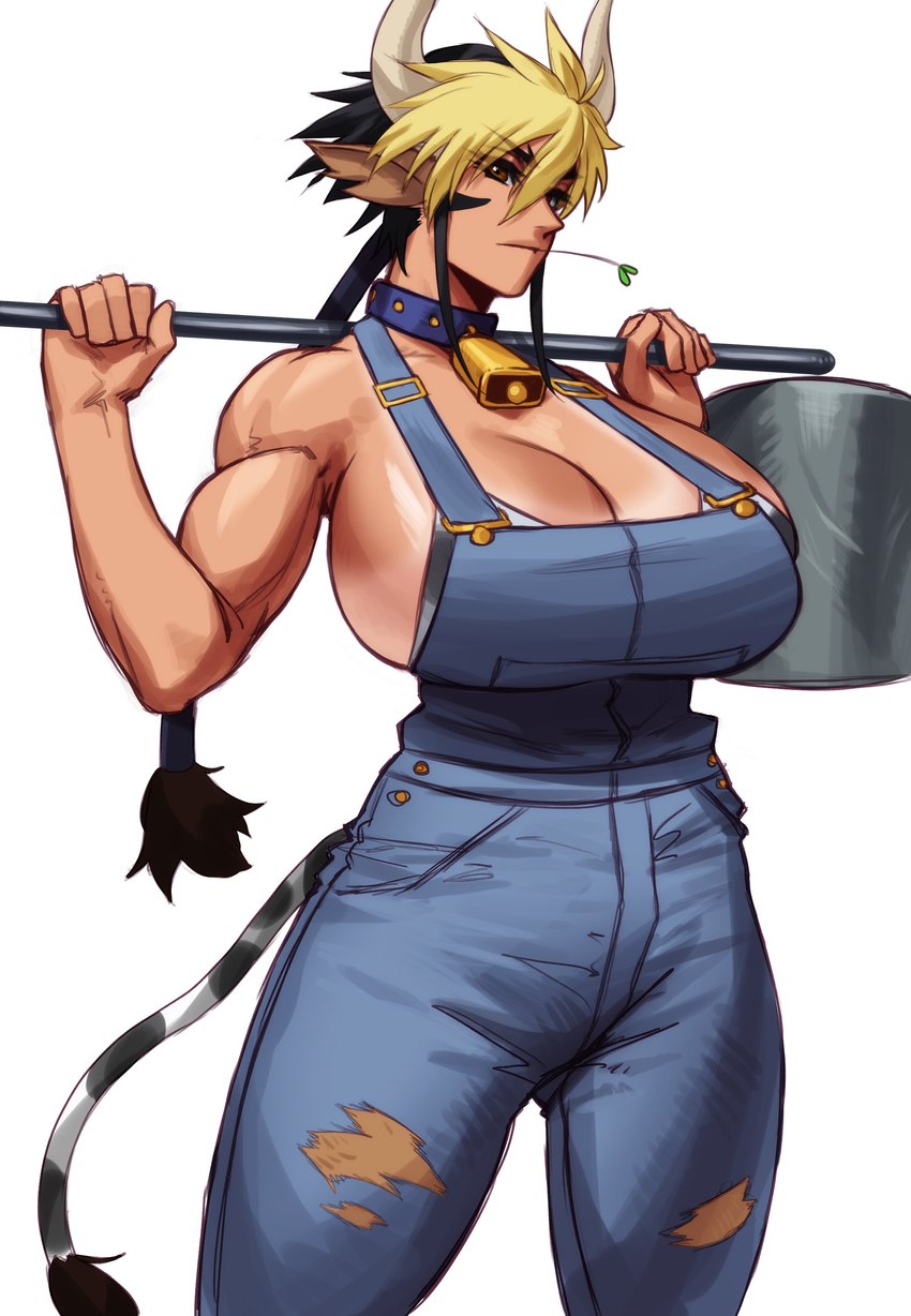 big_breasts black_hair blonde_hair breasts brown_ears cleavage clothed clothing cowbell dark_body dark_skin denim female glistening glistening_body hair horn huge_breasts monster_girl_(genre) muscular muscular_female notched_ear overalls_only solo tail tail_tuft tuft white_horn sotcho monster_musume cathyl_(monster_musume) animal_humanoid bovid bovid_humanoid bovine bovine_humanoid cattle_humanoid horned_humanoid humanoid mammal mammal_humanoid tailed_humanoid absurd_res hi_res