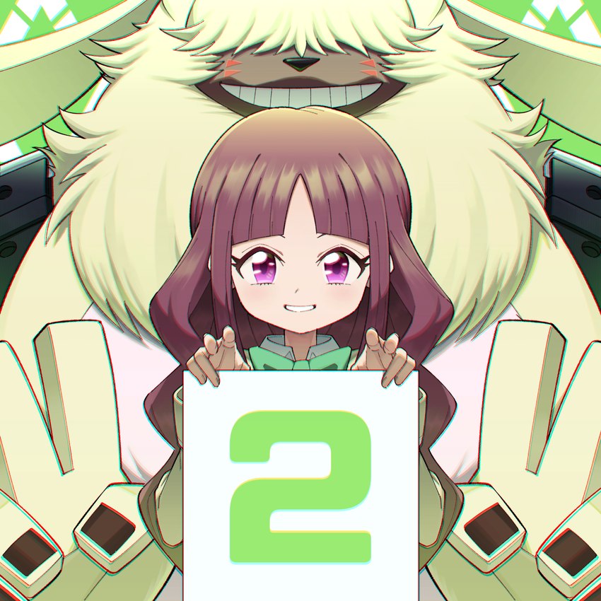 ambiguous_gender anthro brown_hair duo female fur gesture grin hair hair_over_eyes hand_gesture lime_fur looking_at_viewer size_difference smile v_sign yellow_body yellow_fur bbb_(pixiv) bandai_namco digimon digimon_ghost_game angoramon_(ghost_game) ruri_tsukiyono angoramon digimon_(species) human mammal 1:1 colored hi_res shaded