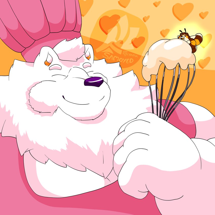 antennae_(anatomy) anthro apron barazoku belly brown_body brown_fur clothed clothing duo fluffy fur kemono kitchen_utensils larger_male male male/male micro obese obese_anthro obese_male overweight overweight_anthro overweight_male simple_background size_difference smaller_male smile tools toque whisk wings yellow_body fujiyama_samoyed bumble_beans_(fujiyamasamoyed) fujiyama_kenhaku arthropod bee canid canine canis domestic_dog hybrid hymenopteran insect mammal nordic_sled_dog raccoon_dog samoyed spitz tanuki 1:1 digital_media_(artwork) hi_res watermark