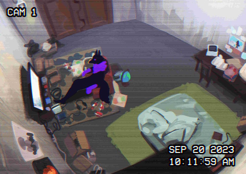 anthro bed black_body black_fur containment_cell door electronics female fur furniture neck_tuft ps5_console purple_body purple_eyes purple_fur purple_tuft sitting sofa solo tail television text tuft vhs_filter watching_television el-k fen_(el-k) alien canid canine canis mammal wolf absurd_res digital_media_(artwork) english_text hi_res